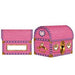 Two pink treasure chest-shaped favor boxes with purple studded trim, jeweled heart details, and gold crown designs on the rounded lid.