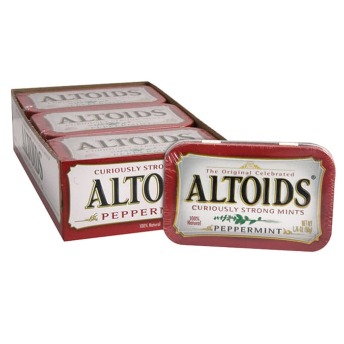 Altoids Peppermint Mints: small mints, white with red in color. Sold in a 1.76 oz small hinged metal tin, printed with the brand name and product.