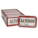 Altoids Peppermint Mints: small mints, white with red in color. Sold in a 1.76 oz small hinged metal tin, printed with the brand name and product.