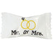 White wrapped candy featuring two interlocking yellow rings with a diamond symbol and "Mr. & Mrs." text in black lettering.