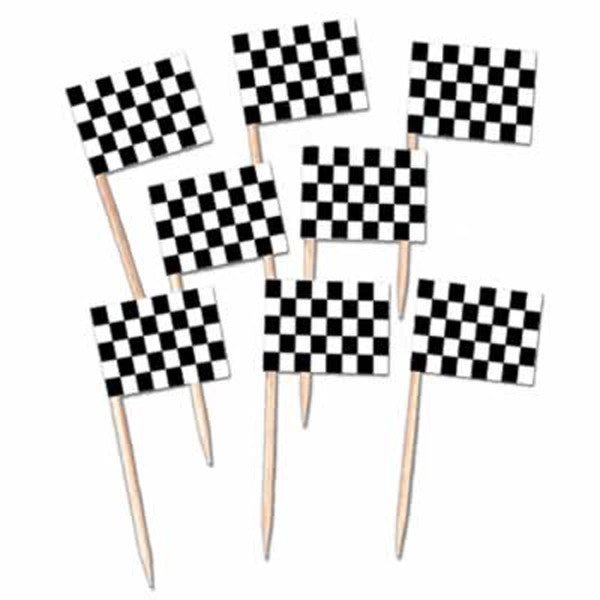 Eight black and white checkered flag picks with wooden stems arranged in a display group.
