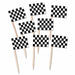 Eight black and white checkered flag picks with wooden stems arranged in a display group.