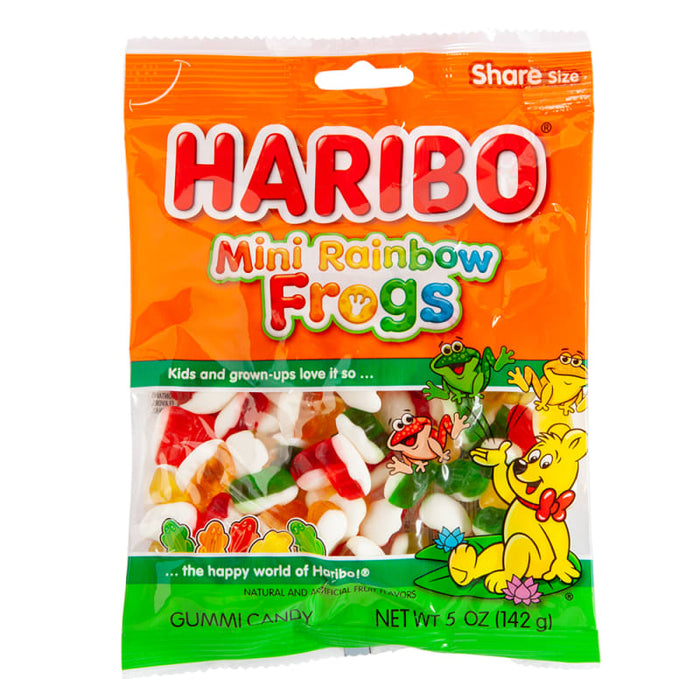 Haribo Mini Rainbow Frogs Gummi Candy: gummy frogs, rainbow in color. Sold in a 5 oz clear plastic peg bag that hangs from a printed header card, with the candy visible inside.