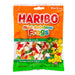 Haribo Mini Rainbow Frogs Gummi Candy: gummy frogs, rainbow in color. Sold in a 5 oz clear plastic peg bag that hangs from a printed header card, with the candy visible inside.