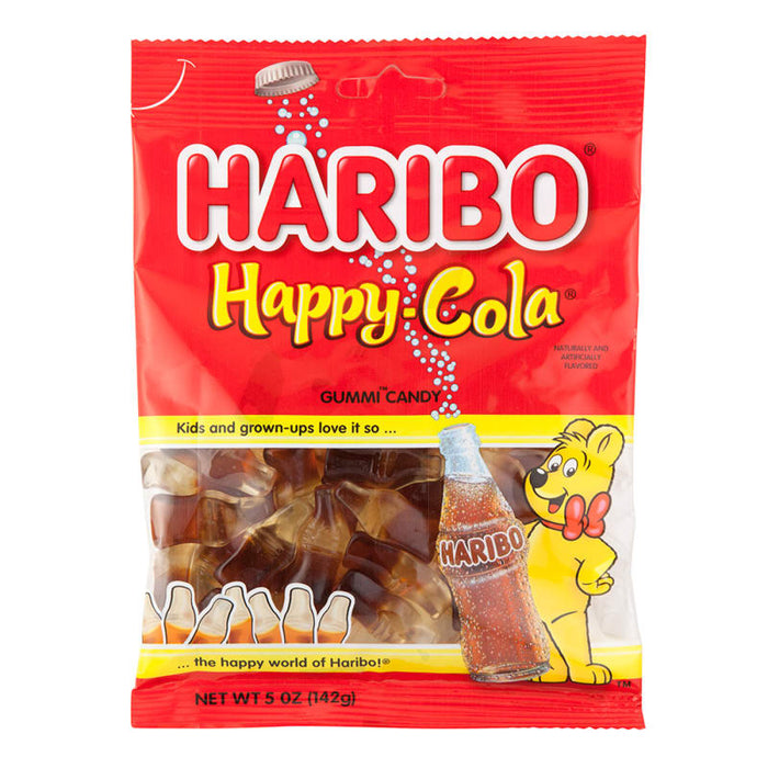 Haribo Happy Cola Gummi Candy: cola-bottle gummies, dark brown in color. Sold in a 5 oz clear plastic peg bag that hangs from a printed header card, with the candy visible inside.