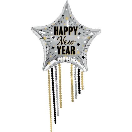 A 25-inch New Year's Elegant Celebration Star Mylar Balloon with Fringe.