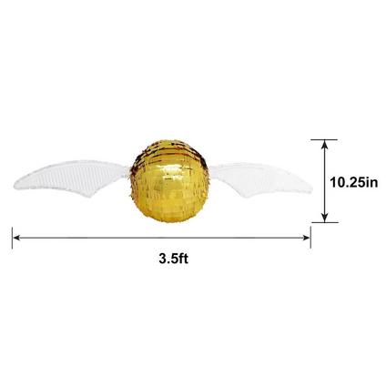 An image showing a 10.5 inch tall Harry Potter Golden Snitch Piñata. Also has measurements showing that he piñata is approximately 3.5 feet wide and 10.25 inches tall.