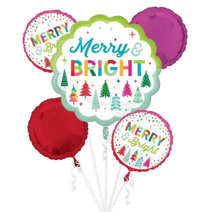 A 5 piece Merry & Bright Christmas Mylar Balloon Bouquet.