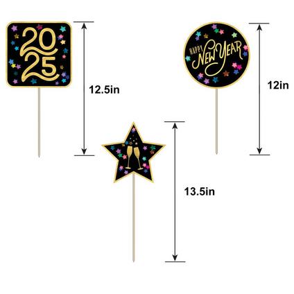 An images showing the three designs of New Year's Starlight 2025 Centerpiece Picks that shows the measurements of each design.