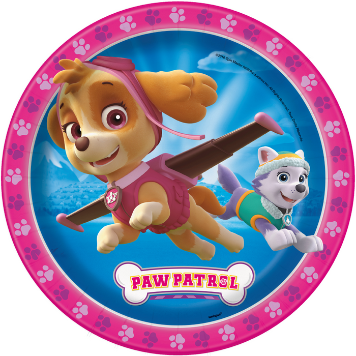 Paw Patrol Girl 9-inch paper plate featuring Skye and Everest with a pink paw-print border and blue background.