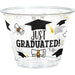 Clear plastic cup printed with "JUST GRADUATED!" text, black graduation caps, diplomas with gold ribbons, and decorative stars in black and gold.