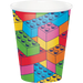 Colorful paper cup featuring a geometric design with interlocking building blocks in red, yellow, green, blue, pink, and orange with studs printed across the surface.