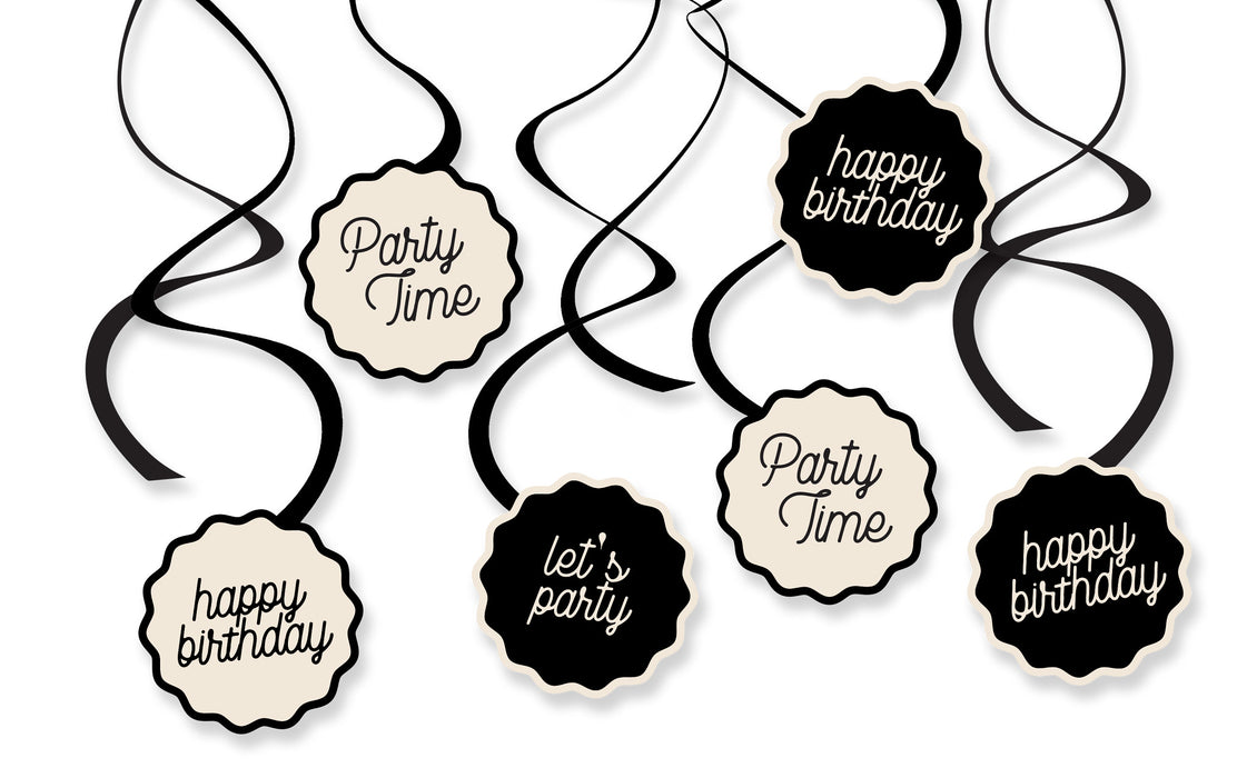 Birthday Chic Birthday Swirls with black and cream hanging swirl streamers and scalloped medallions reading happy birthday, party time, and let’s party.