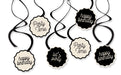 Birthday Chic Birthday Swirls with black and cream hanging swirl streamers and scalloped medallions reading happy birthday, party time, and let’s party.