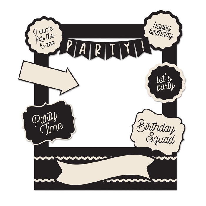 Birthday Chic Photo Props featuring a black and cream photo frame with party phrases, birthday signs, and coordinating photo booth accents.