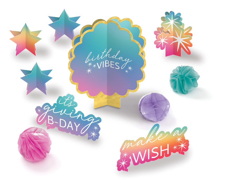 Set of 10 Digital Dream birthday centerpieces featuring rainbow gradient paper signs with phrases like “birthday vibes,” “it’s giving B-DAY,” and “make a wish,” plus star shapes and tissue pom-pom accents on white background.