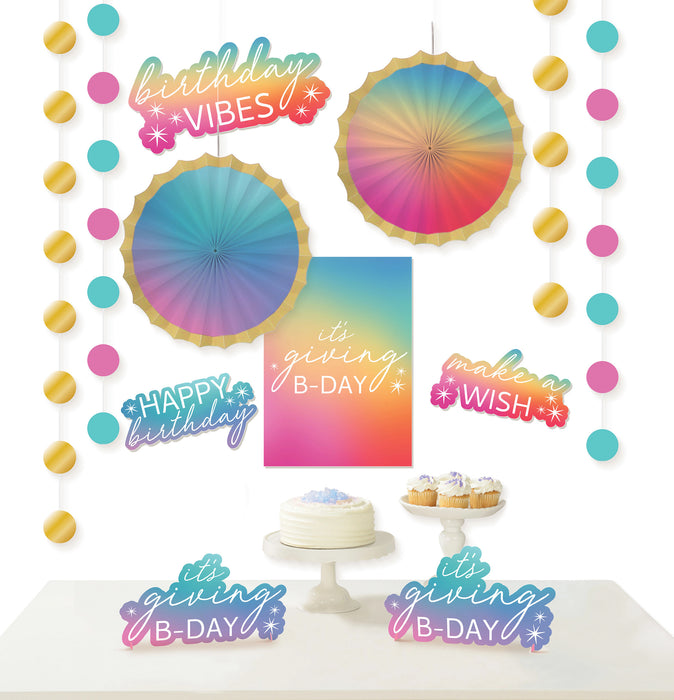 Digital Dream Birthday Decorating Kit featuring rainbow gradient wall décor, rosette fans, hanging accents, and matching birthday signs for a colorful party backdrop.
