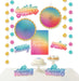 Digital Dream Birthday Decorating Kit featuring rainbow gradient wall décor, rosette fans, hanging accents, and matching birthday signs for a colorful party backdrop.