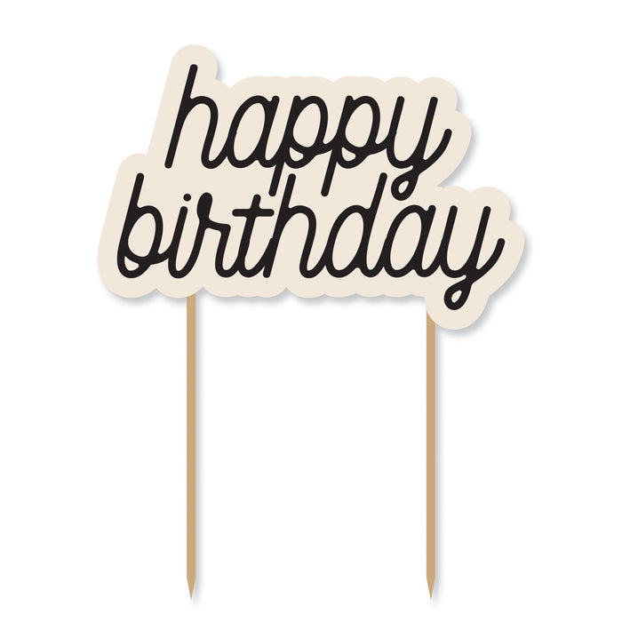 Birthday Chic Birthday Cake Topper with black script happy birthday lettering on a cream backing and two wooden picks.