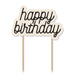 Birthday Chic Birthday Cake Topper with black script happy birthday lettering on a cream backing and two wooden picks.