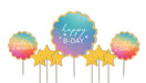 Assorted cake topper set featuring scalloped gradient signs reading Happy B-Day, Make a Wish, and Birthday Girl with gold edging, plus gold star picks on sticks.