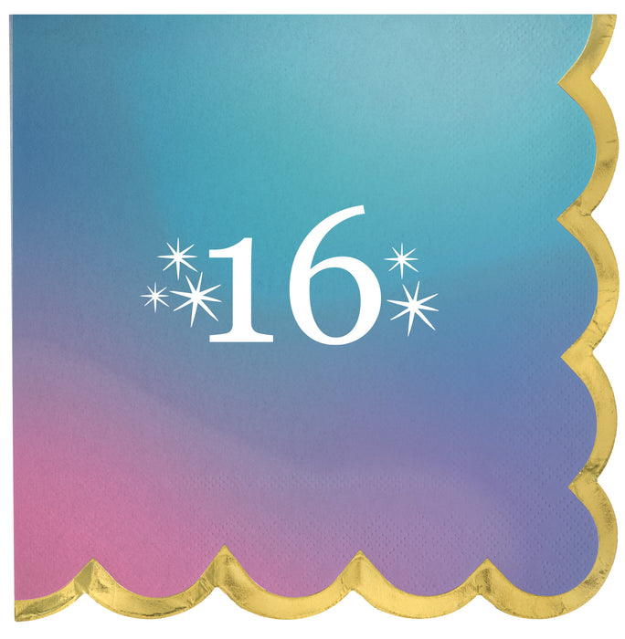 Digital Dream Beverage Napkins - Sixteen with a blue, teal, purple, and pink gradient design, white 16 lettering, star accents, and gold scalloped edge.