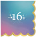 Digital Dream Beverage Napkins - Sixteen with a blue, teal, purple, and pink gradient design, white 16 lettering, star accents, and gold scalloped edge.