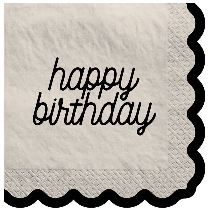Birthday Chic Luncheon Napkins featuring a cream background with black happy birthday script and a bold black scalloped edge.