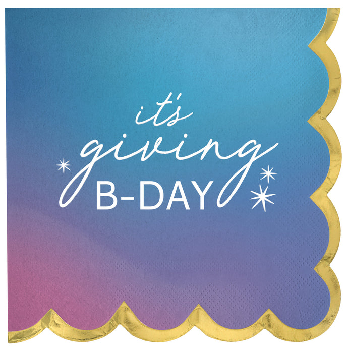 Digital Dream Luncheon Napkins with a blue, purple, and pink gradient design, white it’s giving B-DAY lettering, star accents, and gold scalloped edge.