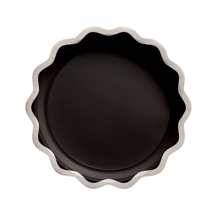 Birthday Chic 7-inch plates featuring a black center with a cream scalloped edge, sold in an 8-count pack.
