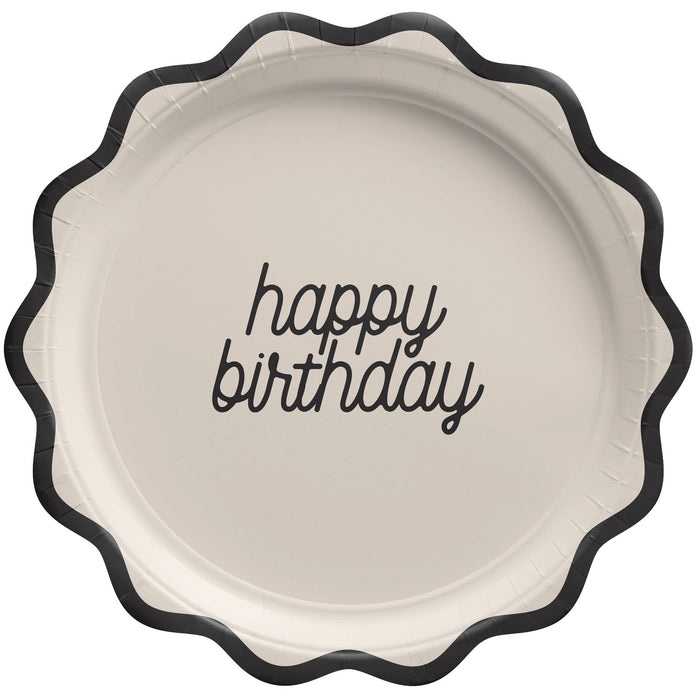Birthday Chic 9-inch plates featuring a cream background with black happy birthday script and a bold black scalloped edge.