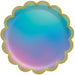 Digital Dream 9-inch plates featuring a teal, blue, purple, and pink ombre design with a metallic gold scalloped edge.