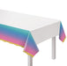 Digital Dream Plastic Table Cover with a white center and teal, blue, purple, and pink ombre border finished with gold scalloped accents.