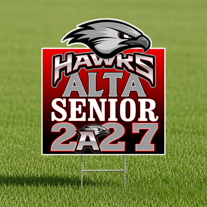 A graphic design for a 'Hawks Alta Senior 2A27' sticker or decal, featuring a stylized gray hawk head above bold text on a red, white, and black background.
