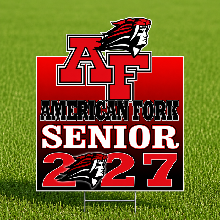 A graphic design featuring the letters 'AF' in large red block font with a Native American profile logo above, followed by the text 'AMERICAN FORK SENIOR 2027' in red, white, and black on a red-to-black gradient background.