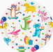 Colorful paper plate with cartoon animal designs on a white background