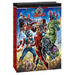 Oversized blue gift bag featuring illustrated Marvel Avengers characters including Captain America, Iron Man, Thor, and Hulk against a colorful action-packed background with red handles.