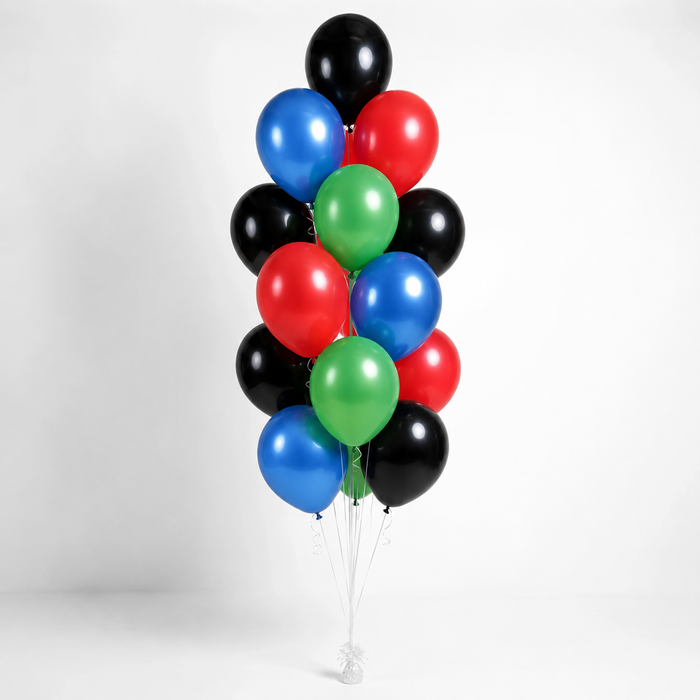 Avengers themed accent balloon bouquet with red, blue, green, and black latex balloons.
