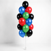 Avengers themed accent balloon bouquet with red, blue, green, and black latex balloons.