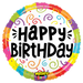 A 21-inch foil balloon shown inflated against a white background, printed with a mighty birthday swirls mighty bright | 1ct design.