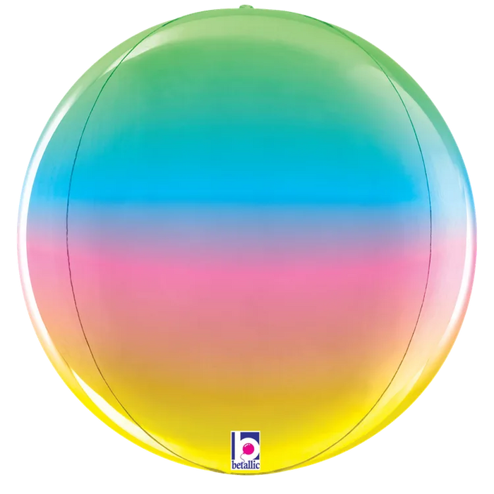 A 15-inch foil balloon shown inflated against a white background, printed with a dimensionals rainbow globe multi-sided shape | 1ct design.
