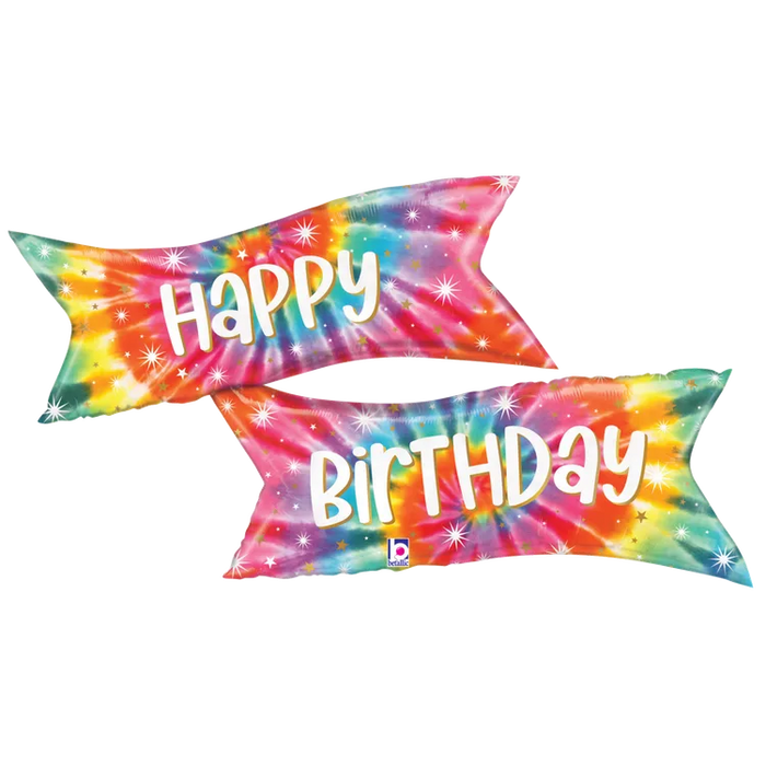 A 49-inch foil balloon shown inflated against a white background, printed with a tie-die banner birthday shape | 1ct design.