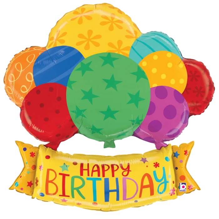 A 37-inch foil balloon shown inflated against a white background, printed with a birthday balloons banner helium shape | 1ct design.