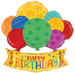 A 37-inch foil balloon shown inflated against a white background, printed with a birthday balloons banner helium shape | 1ct design.