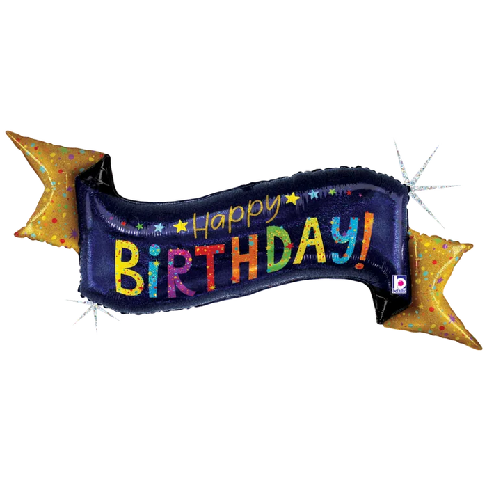 A 51-inch foil balloon shown inflated against a white background, printed with a navy birthday banner holographic | 1ct design.