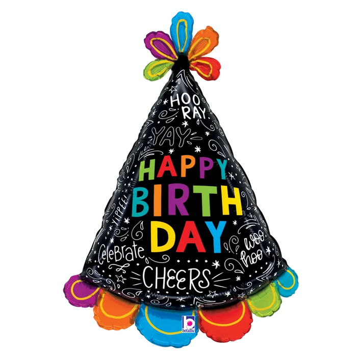 A 31-inch foil balloon shown inflated against a white background, printed with a birthday hat doodles | 1ct design.