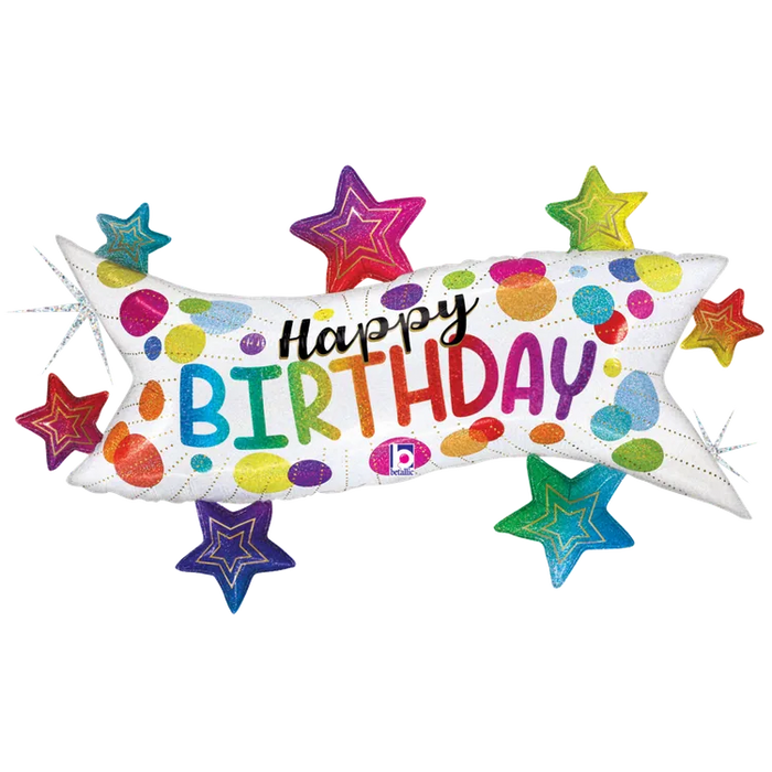 A 37-inch foil balloon shown inflated against a white background, printed with a birthday banner stars glitter holographic shape, packaged | 1ct design.