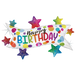 A 37-inch foil balloon shown inflated against a white background, printed with a birthday banner stars glitter holographic shape, packaged | 1ct design.