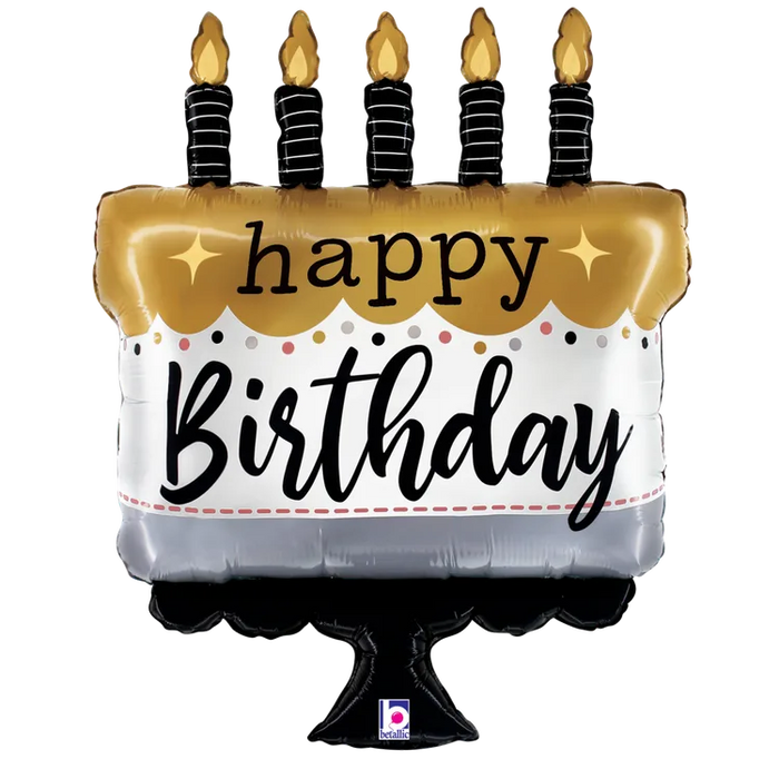 A 28-inch foil balloon shown inflated against a white background, printed with a satin metallic birthday cake shape, packaged | 1ct design.