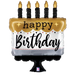 A 28-inch foil balloon shown inflated against a white background, printed with a satin metallic birthday cake shape, packaged | 1ct design.